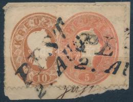 1861 5kr + 10kr kivágáson "PEST" ritka (Gudlin 300 p)