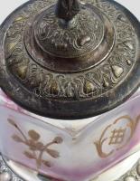 Szecessziós bon-bon kínáló, ezüstözött szerelékkel, üveg tartállyal, m: 27 cm