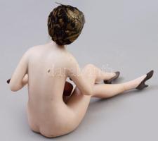 Antik zenélő női akt porcelán figura, 14x9,5 cm