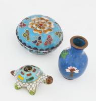 3 darab antik cloisonne tárgy, váza, gyűrűtartó, teknős, m: 5 cm alatt