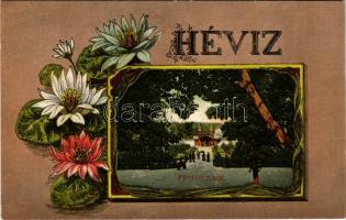 Hévíz, Fürdő bejárat, lótuszok. Marton Mór kiadása. Art Nouveau, floral, litho