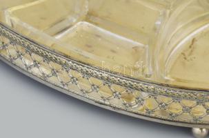 Szecessziós ezüstözött kosár kínáló, eredeti üveg betétekkel, 30x18 cm