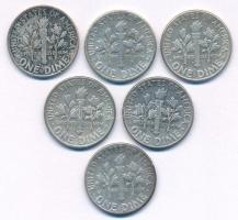 Amerikai Egyesült Államok 1956-1962. 10c Ag (6xklf) "Roosevelt Dime" T:XF-VF patina
Unite...