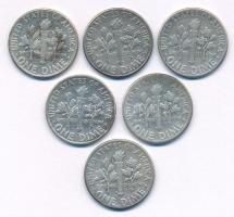 Amerikai Egyesült Államok 1956-1962. 10c Ag (6xklf) "Roosevelt Dime" T:AU-VF patina
Unite...