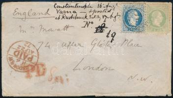 1872 3sld és 10sld Konstantinápolyból Londonba, az osztrák bélyegek miatt Báziáson mozgópostára fela...