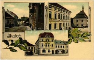 1908 Skutec, Okresni vybor, restauraci, Nová Obcanska Zálozna, Skola Chlapecka, Obecná i Méstanská, Hostinec, L. Kubec pekar / school, shops, restaurant, bakery. Art Nouveau, floral (EK)