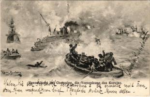 1904 Seeschlacht bei Chemulpo, die Versenkung des Korejec. 3. S.M.P. Kr. 1904. / Russo-Japanese War, Naval Battle of Chemulpo Bay (Incheon) s: Henr. Rudaux