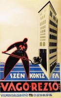 cca 1930 Matskássy Gyula (1891-?): Szén, koksz, fa, Vágó Rezső Rt. Bp., Vilmos császár út 45. Plakát, litográfia, papír. Sarkadi Nyomda, Bp. Feltekerve, javított, kisebb lapszéli szakadásokkal és sérülésekkel. 94,5x62 cm