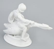 Óherendi lúdon lovagló fiú, jelzett, restaurált, m: 20 cm
