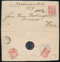 1871 5kr díjjegyes boríték túlfestékezett nyomat + hátoldalon 2 x Réznyomat 5kr kiegészítéssel ajánlott küldeményként. Látványos friss kiállítás darab! / Overinked 5kr PS-cover with 2 x 5kr additional franking sent as registered cover "PEST LIPÓTVÁROS" - Wien