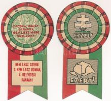 ~1930. "Bácska, Bánát, Baranya, nem lesz másé, nem, soha!" + "Ezzel! Ezért!" irredenta papír jelvények (115x63mm) T:AU / Hungary ~1930. 2pcs of irredentist paper badges (115x63mm) C:AU