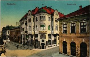 1916 Szabadka, Subotica; Kossuth utca, Takarékpénztár, Fonciere biztosító intézet fiókja, kávéház. Vasúti levelezőlapárusítás 16. sz. 1916. / street, savings bank, insurance company, café