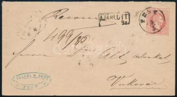 ~1870 5kr díjjegyes boríték, a hátoldalon 2 x 5kr ajánlott levélként feladva. Látványos friss kiállítás darab! / Registered 5kr PS-cover with 2 x 5kr additional franking PEST - Vukovár