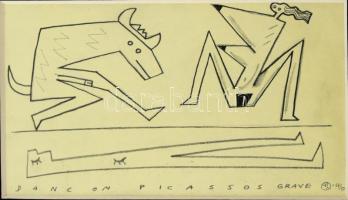 Wahorn András (1953-): Dance on Picasso's grave, 1996. Ceruza, papír. Jelzett. 7,5x12,5 cm. Üvegezett fakeretben. / pencil on paper, signed, framed