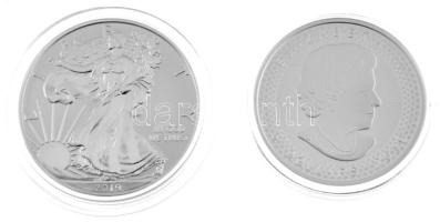 Amerikai Egyesült Államok 2019W 1$ Ag "Amerikai Sas / Walking Liberty" West Point, "reverse Proof" (0.999/31,1g) + Kanada 2019. 5$ A "Juharlevél / II. Erzsébet" "modified Proof" (0.999/31,3g), mindkettő kapszulában, tanúsítvánnyal, eredeti közös "Pride of two nations (Két nemzet büszkesége)" dísztokban. Az Egyesült Államok Pénzverdéje és a Kanadai Királyi Pénzverde közös kiadása (0.999/31,1g) T:PP / USA 2019W 1 Dollar Ag "American Silver Eagle / Walking Liberty" West Point, "reverse Proof" (0.999/31,1g) + Canada 2019. 5 Dollars A "Maple leaf / Elizabeth II" "modified Proof" (0.999/31,3g), both in capsule, with certificate in original "Pride of two nations" case. Joint issue of the United States Mint and the Royal Canadian Mint C:PP Krause KM#273, KM#2788