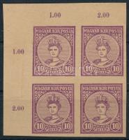 1916 Koronázás 10f ívsarki négyestömb fogazatlan gumi nélküli próbanyomat / imperforate proof corner block of 4