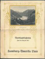 1912 Hamburg-Amerika Linie Nordlandfahrten, hajókirándulások északi tájakra, 4 képpel illusztrálva (norvég fjordok, Izland, stb.), ragasztott