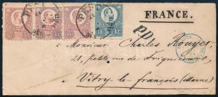 1871 Réznyomat 3 x 5kr + 10kr levélen Franciaországba PEST / DÉL ELŐTT