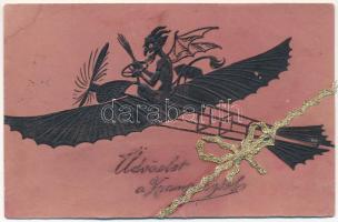 1917 Üdvözlet a Krampusztól! dombornyomott szalaggal / Krampus greeting embossed with ribbon (r)