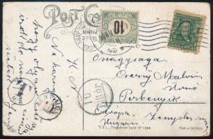 1908 Képeslap az Egyesült Államokból Magyarországra 10f portóval / Postcard from the USA to Hungary with 10f postage due stamp