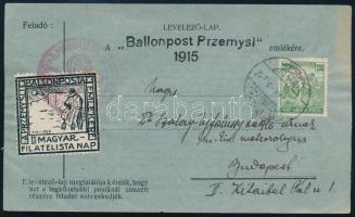 1925 A "Ballonposta Przemysl 1915" emlékére levelezőlap 200K bérmentesítéssel és II. Filatelista nap levélzáróval / Special postcard with 200K franking and label