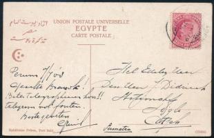 1908 Egyiptomi képeslap Adenből indiai bélyeggel feladva Szumátrára. Érdekes darab! / Egypt postcard franked with India stamp from Aden to Sumatra