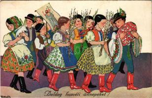 1948 Boldog húsvéti ünnepeket! Magyar folklór művészlap / Hungarian folklore art postcard with Easter greetings s: Bernáth