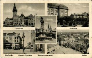 1943 Szabadka, Subotica; Városháza, park, Kossuth Lajos utca, Szentháromság szobor, látkép. Bacsa Imre kiadása / town hall, park, street, Holy Trinity statue, general view (EK)