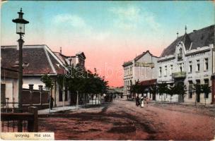 1914 Ipolyság, Sahy; Híd utca, Pannonia szálloda és kávéház, Frischer Adolf férfiszabó üzlete. Neumann kiadása / street view, hotel and café, shops (EK)