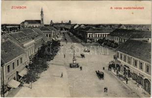 1912 Zombor, Sombor; a város látképe madártávlatból, üzletek. Kaufmann Emil kiadása / general view, shops (EK)