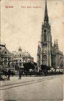 1912 Újvidék, Novi Sad; Római katolikus templom, Schulz és Wolf, Burmann Sándor üzlete / Catholic church, shops (Rb)