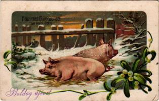 Herzlichen Glückwunsch zum neuen Jahre / New Year greeting art postcard with pigs. litho (EB)