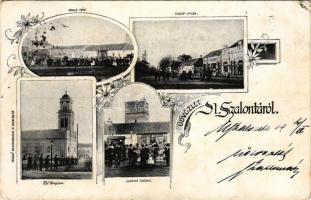 1899 (Vorläufer) Nagyszalonta, Salonta; Piactér, Vasút utca, Református templom, Csonkatorony, Czinczár Mór üzlete. Schwimmer kiadása / market square, street view, Calvinist church, tower, shop. Art Nouveau, floral (EK)