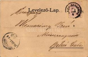 1899 (Vorläufer) Nagyszalonta, Salonta; Piactér, Vasút utca, Református templom, Csonkatorony, Czinc...