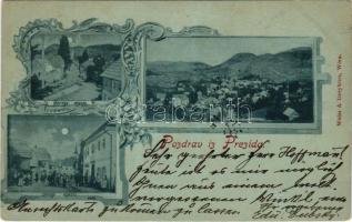 1898 (Vorläufer) Prezid (Cabar), Gornje mesto, Dolnje mesto / látkép, utca, üzlet / general view, streets, shop. Weiss & Dreykurs Art Nouveau, floral (kopott sarok / worn corner)