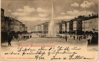 1899 (Vorläufer) Besztercebánya, Banská Bystrica; Fő tér, szökőkút, Holesch, Kohn Ignác üzlete, gyógyszertár. Ivánszky Elek kiadása / main square, fountain, shops, pharmacy (kis szakadások / small tears)