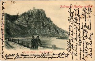 1900 Sztrecsnó, Sztrecsény, Strecno (Tátra, Tatry); Vágvölgy, Sztrecsnó vára Zsolna mellett. Gansel Lipót kiadása / Povazie, Hrad Strecno / Das Waagthal / Váh riverside, castle ruins (vágott / cut)