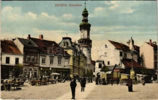 Sopron, Várkerület, piac, Fischer Emil, Hertl üzlete, Pál Samu vendéglője, drogéria. Piri Dániel kiadása (r)