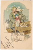 1899 (Vorläufer) Und beim Bier, sagt er, und beim Knöd'l sagt er... / drunk man humour art postcard with beer and dumplings. Ottmar Zieher litho (fa)