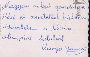 1964 Varga János (1939-1922) olimpiai bajnok birkózó autogréf képeslapja a Tokiói Olimpiáról / Autog...