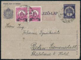 1931 Díjjegyes zárt levelezőlap 2 x 6f bélyeggel és gépi bérmentesítéssel Berlinbe / PS-cover card with mixed additional franking to Berlin