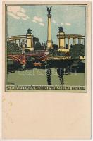 Budapest XIV. Ezredéves Emlék. Wiener Werkstätte stílusú művészlap, MÁV. Levelezőlapárusítás. litho s: Földes (fl)