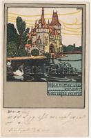 1914 Budapest XIV. Vajda Hunyad vára. Wiener Werkstätte stílusú művészlap, MÁV. Levelezőlapárusítás. litho s: Földes (EK)