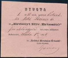 1866 Erdélyi Hiv. Értesítő Kolozsvár Nyugta / receipt