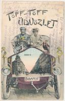 1914 Budapest VI. Andrássy út. Töff-Töff Üdvözlet montázs autóval (fl) + "ODERBERG-BUDAPEST 21&...