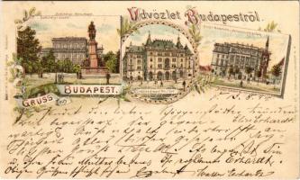 1894 (Vorläufer) Budapest, Széchenyi szobor, Reutter kávéház és étterem, Honvédminisztérium, Hentzi szobor. Leitner M. L. és fia kiadása, Art Nouveau, floral, litho