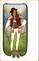 1917 Polish Ukrainian folklore art postcard. Art Nouveau frame (EK)