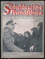 1944 Südostdeutsche Rundschau, a Magyarországi német népcsoport újságja, 1944.március, III. évf. 3. sz. Fekete-fehér fotókkal illusztrált. Német nyelven. Kiadói papírkötés, szakadt, foltos borítóval, kijáró lapokkal, szétvált kötéssel.