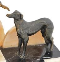 Hölgy agarakkal. Francia, cca 1930, art deco szoborcsoport márvány talapzaton, patinázott és aranyoz...