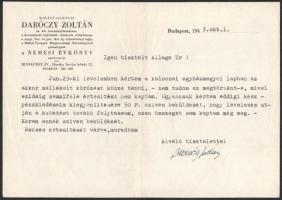 1943 2 db levél Daróczy Zoltán kormányfőtanácsostól a kalocsai Allaga család nemességet igazoló kuta...